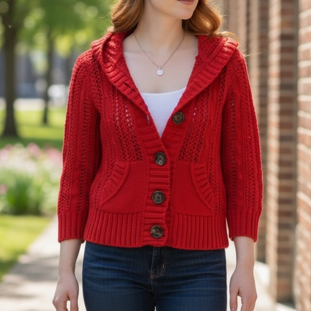 Free People Red Knit Hooded Cardigan Sweater XS Chunky Cozy Boho Buttons Pockets